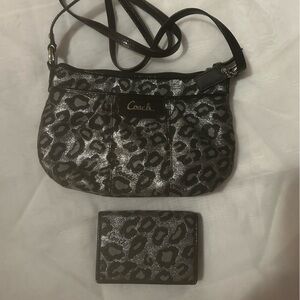 Coach Metallic Leopard Crossbody with Matching Card Case - Black/Silver